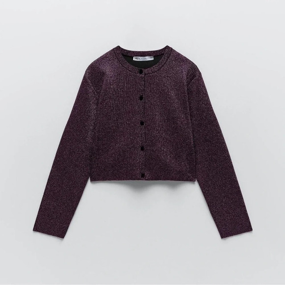 NWT Zara purple &  black shimmery tinsel-like knit cropped cardigan size S - Picture 1 of 10